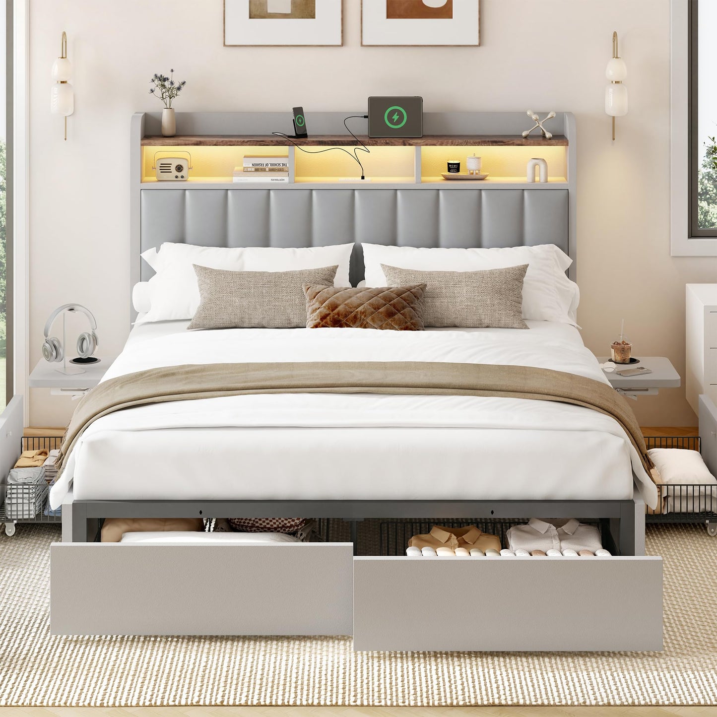BRELTAM Queen Bed Frame with Headboard,4 Storage Drawers,and Built-in Adjustable Desk,Charging Station,Easy Assembly,No Box Spring Needed,Light Grey