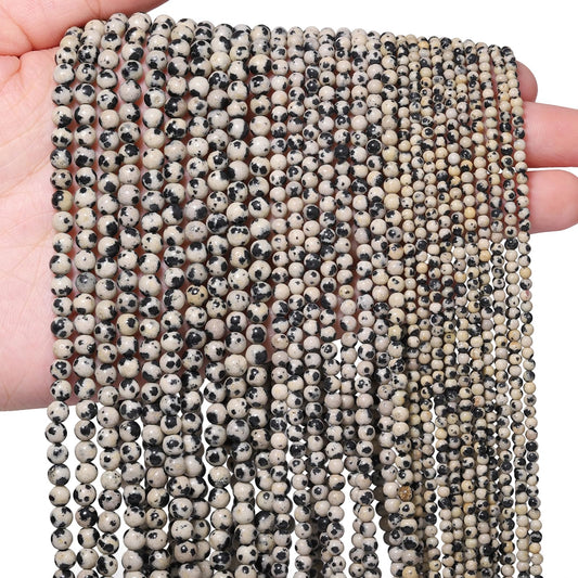 Songxi 90pcs 4mm Dalmatian Natural Round Stone Beads for Jewelry Making, Smooth Loose Small Gemstone Beads for Bracelets Necklace, Chakra Stones with Energy Power