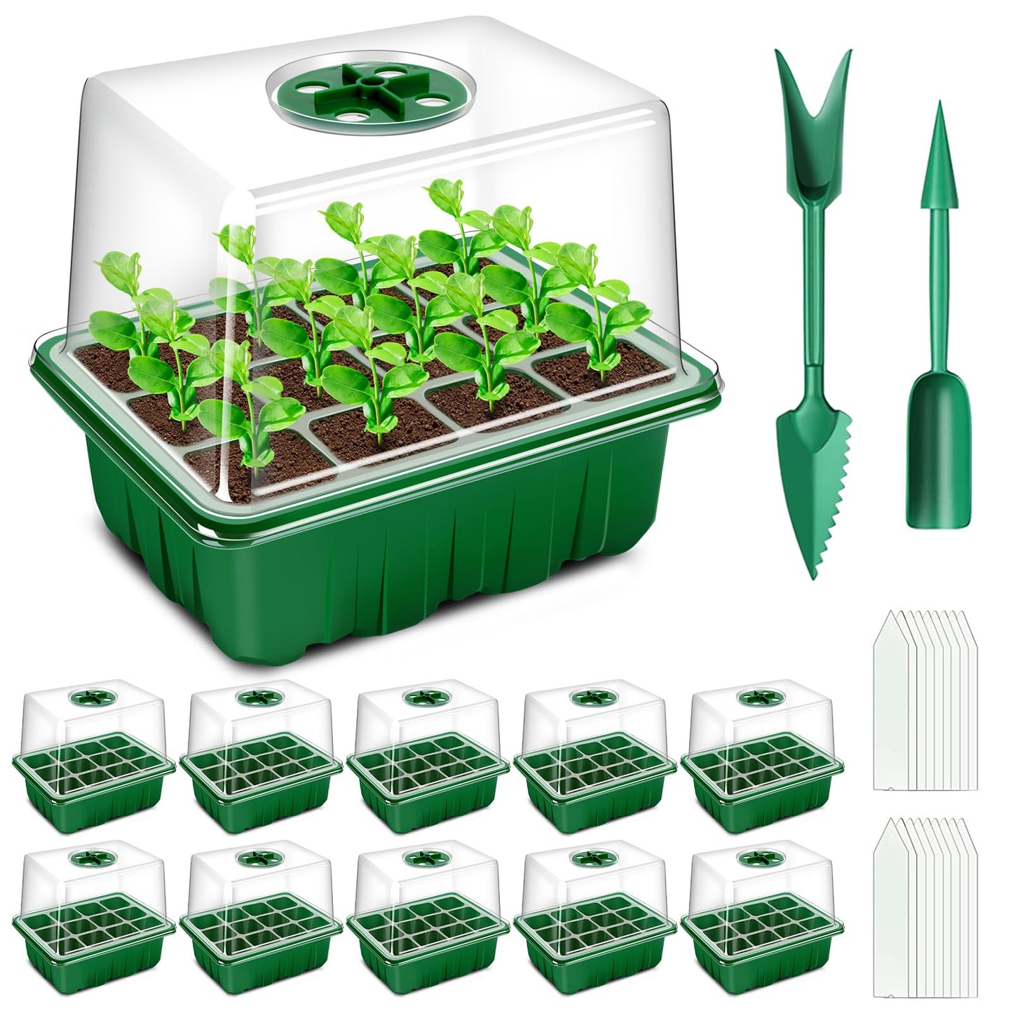 YAUNGEL Seed Starter Tray, 10 Pack 120 Cells Thicken Seed Starter Kit with Heightened Lids Humidity Dome Seedling Starter Trays for Indoor Gardening Plant, Green