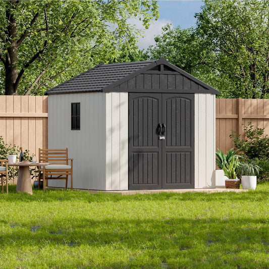 Patiowell 8x8 FT Outdoor Storage Shed, Plastic Shed Resin Garden Tool Shed with Floor & Window & Lockable Door for Patio Furniture, Backyard Tools, Bicycles & Lawnmower, Beige