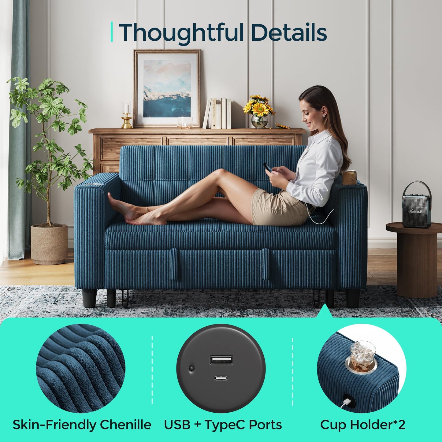 LINSY Sleeper Sofa Bed, 54" Pull Out Couch with Charging Station & Cup Holder, Small 3 in 1 Convertible Loveseat Sleeper Couch for Apartment, Dorm Room, Bedroom and Small Space, Corduroy Blue