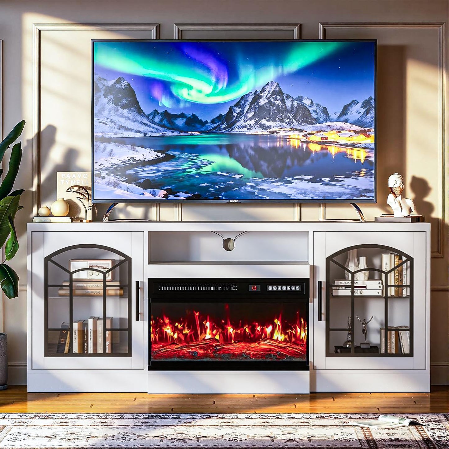VITESSE 60'' Fireplace TV Stand,3 Sided Glass Media Entertainment Center Console Table for TVs up to 70'' with Storage Drawers & Cabinets with LED Flame and Lights for Living Room,White