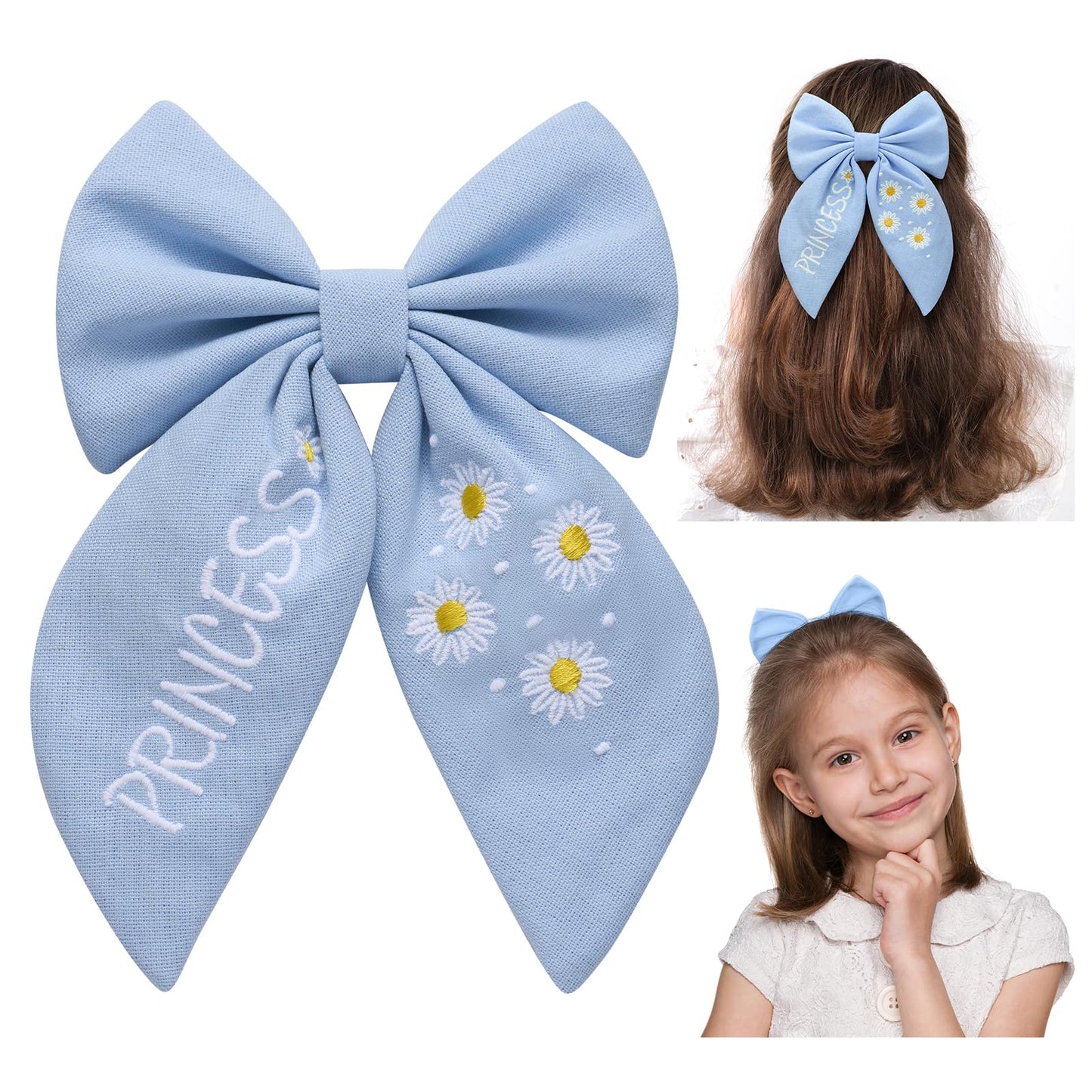 SWEETV Lazos grandes de lino para el pelo para niñas, hechos a mano, lazo floral de algodón, accesorios para el cabello, pinzas para el cabello de flores de primavera, pasadores, lazos para el pelo
