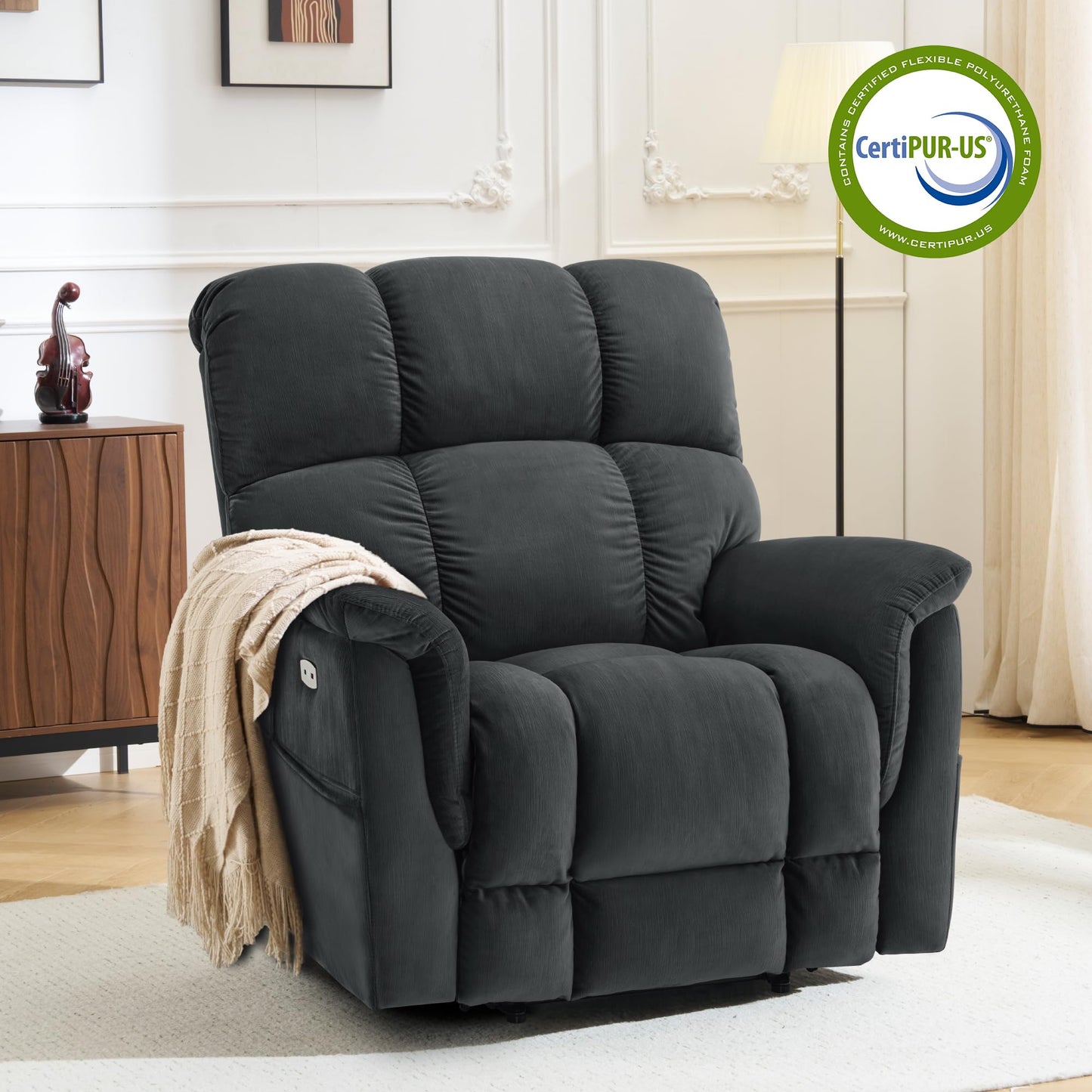 MCombo Large-Wide Dual Motor Power Lift Recliner Chair, Massage and Dual Heating for Elderly People, Infinite Position, Fabric R7166 (Dark Grey)