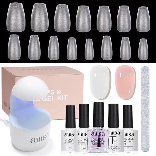 AILLSA Nail Tips and Glue Gel Kit Short Coffin Nail Tips 240pcs with 2 In 1 Nail Glue Base Coat and Nail Dehydrator, Gel Extension Nail Kit with U V Light Top Coat for DIY Home Salon