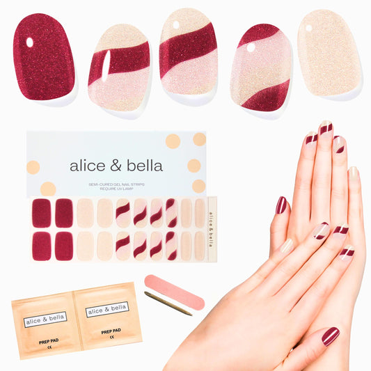 ALICE & BELLA Valentine Day Semi Cured Gel Nail Strips-20 PCS Rose Red with Gold & Dark Red Glitter Gel Stickers, Use with UV Light Lamp, Salon Quality Manicure Wraps(Rose Velvet)