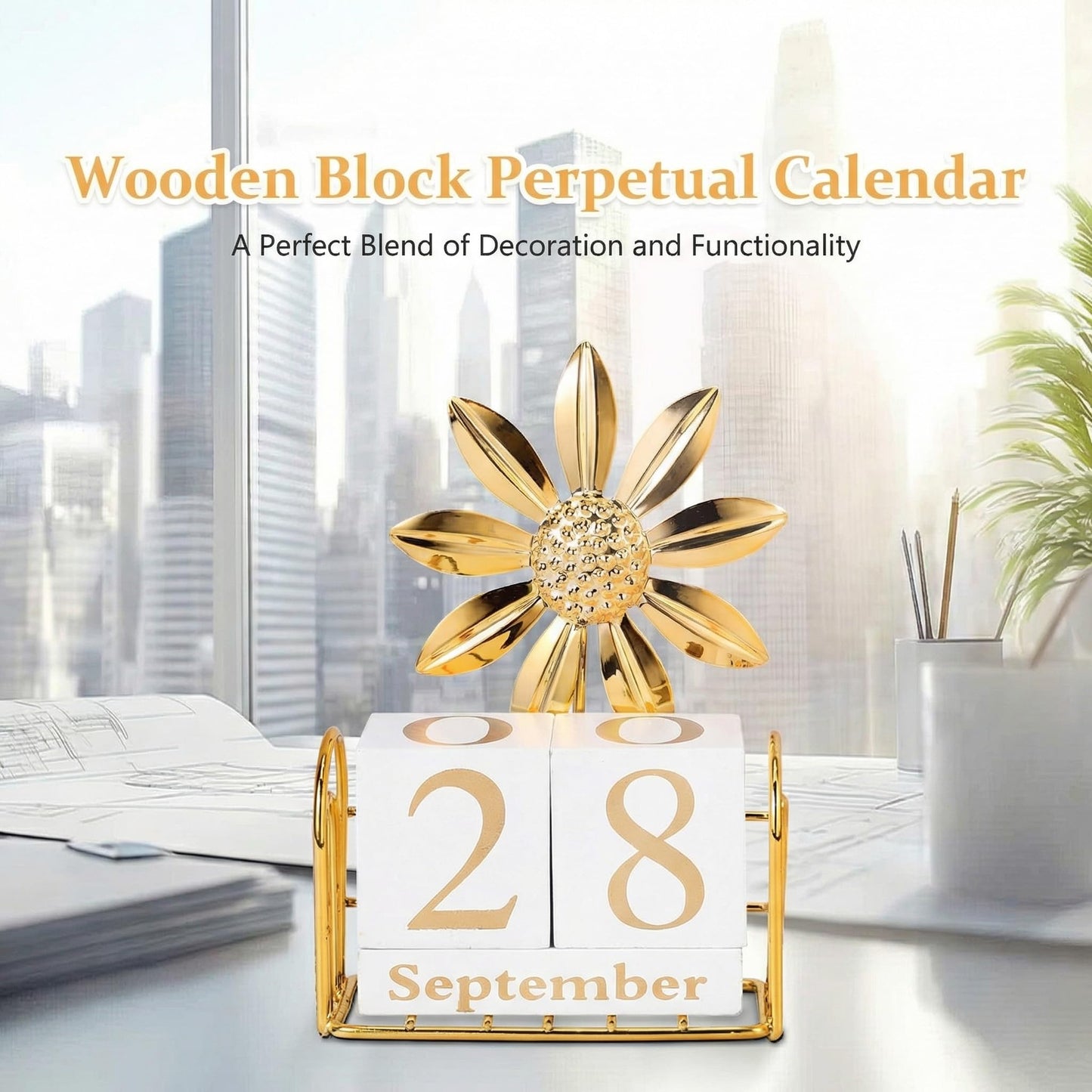 SUPVOX Wooden Perpetual Calendar Blocks for Desk, Office, Home Decor, Adjustable Wood Month Date Display Blocks, Sunflower Design, 4.72 X 3.54 X 1.57 Inches