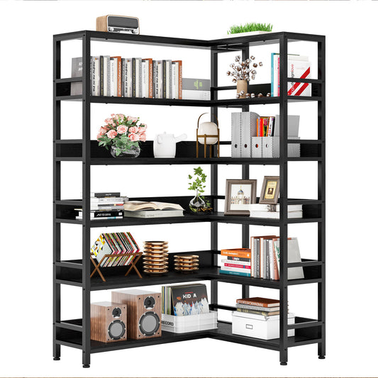 IRONCK Corner Bookshelf 6 Tiers, Industrial Corner Bookcase with Baffles Etagere, L Shaped Bookshelves with Metal Frame, Corner Shelf Storage Rack for Living Room Home Office
