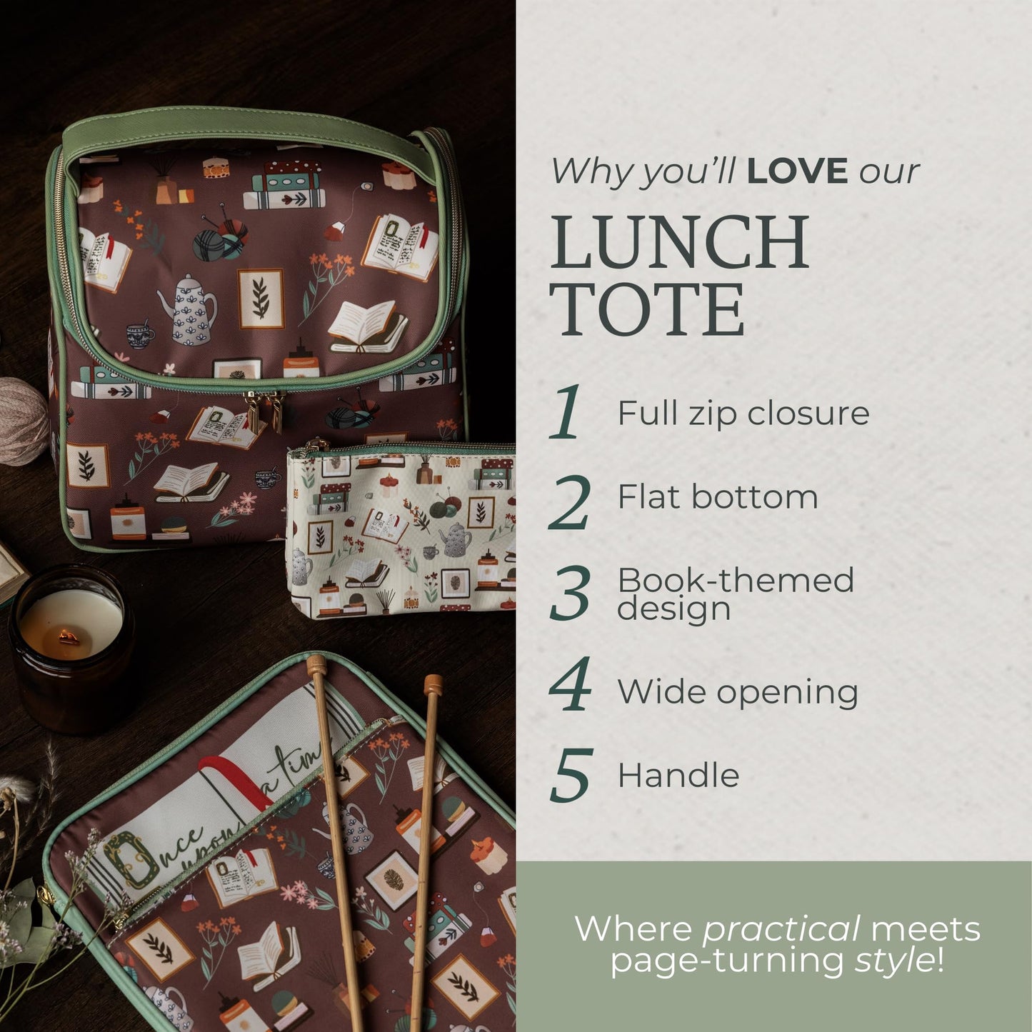 Steel Mill & Co Insulated Lunch Tote Bag for Women, Large Capacity Cooler Lunch Box, Cute Lunch Bag for Adults, Wide Opening Cooler with Zipper Closure, and Sturdy Handles (Book Nook Brown)