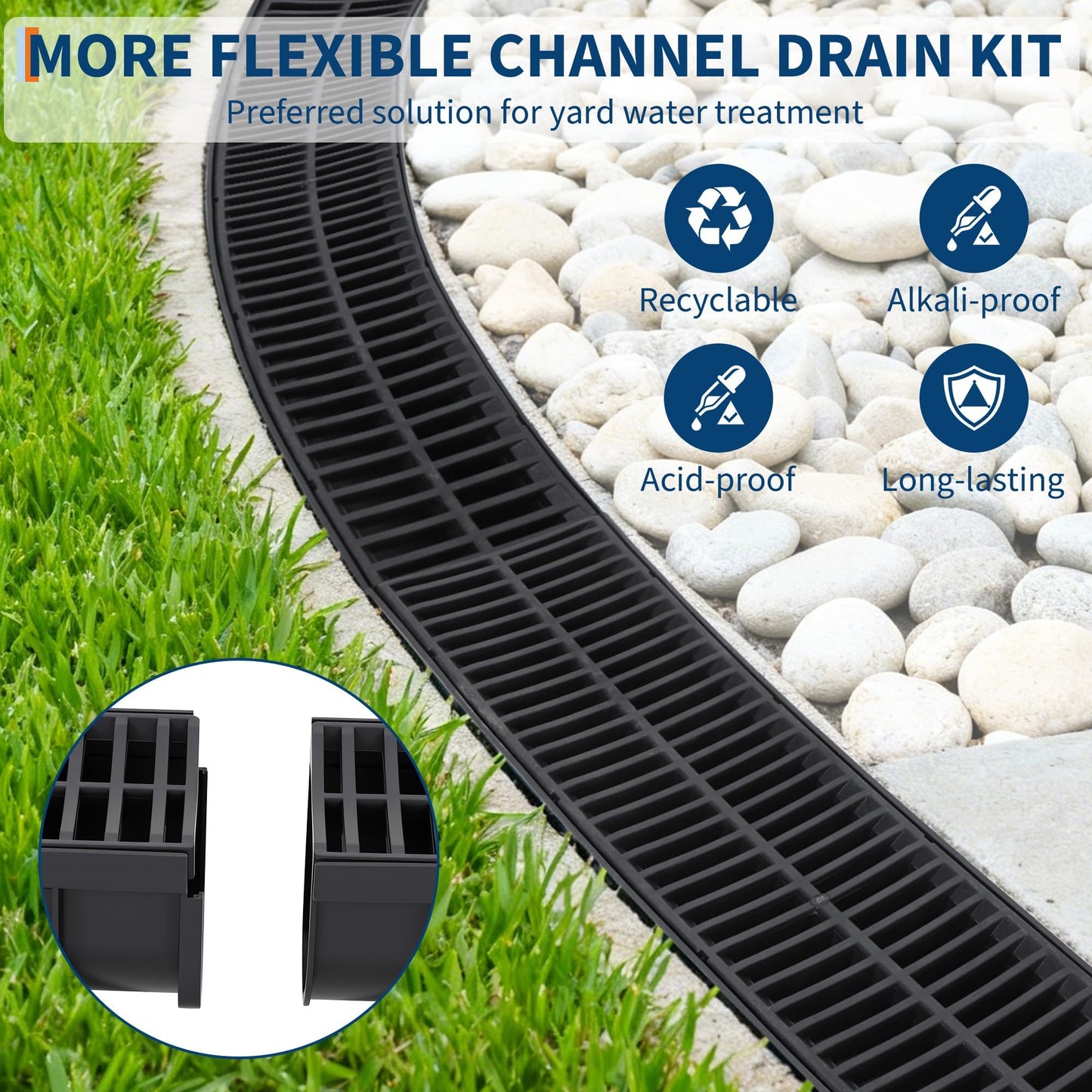 GarveeTech 5-Pack 39.4" l Channel Drain System with Plastic Grate, Heavy-Duty HDPE Trench Drain for Driveway, Landscape, Patio, Pool, Yard & Roof Runoff | 5.9" w x 5.1" h | Weather-Resistant