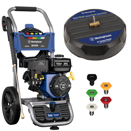 Westinghouse WPX3400SC Gas Pressure Washer with 15-inch Surface Cleaner, 3400 PSI and 2.6 Max GPM, Onboard Soap Tank, Spray Gun and Wand, 5 Nozzle Set, for Cars/Fences/Driveways/Homes/Patios/Furniture