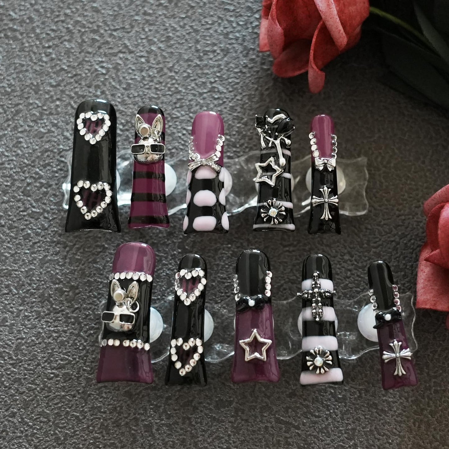 Tesytto Metallic Gothic Press on Nails - Duck Nail Tips False Nails Black Purple Hot Pink with 3D Metal Cross, Star, Heart, Bow & Rabbit Charms, Extra Long Nails for Parties (Dark Romance, M)