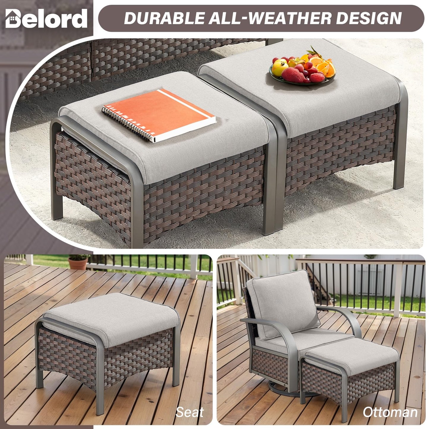 Belord 5 Piece Outdoor Wicker Furniture Set, High Back Deep Seating Patio Sofa Set with Metal Armrests Rattan Chairs, and Ottomans for Porch Deck Sunroom Backyard