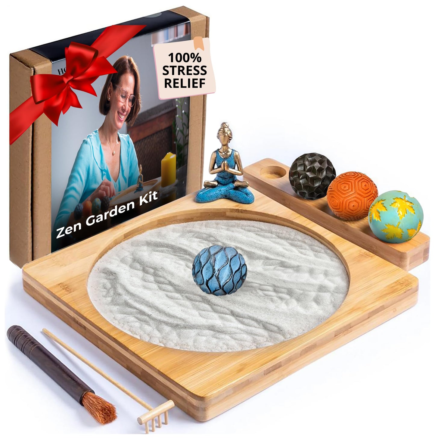 Home Moods Zen Garden for Desk - 11" Bamboo Sand Tray Therapy Kit | Meditation Gift | Sensory-Based Wellness Tool for Mindfulness & Emotional Support | Zen Decor