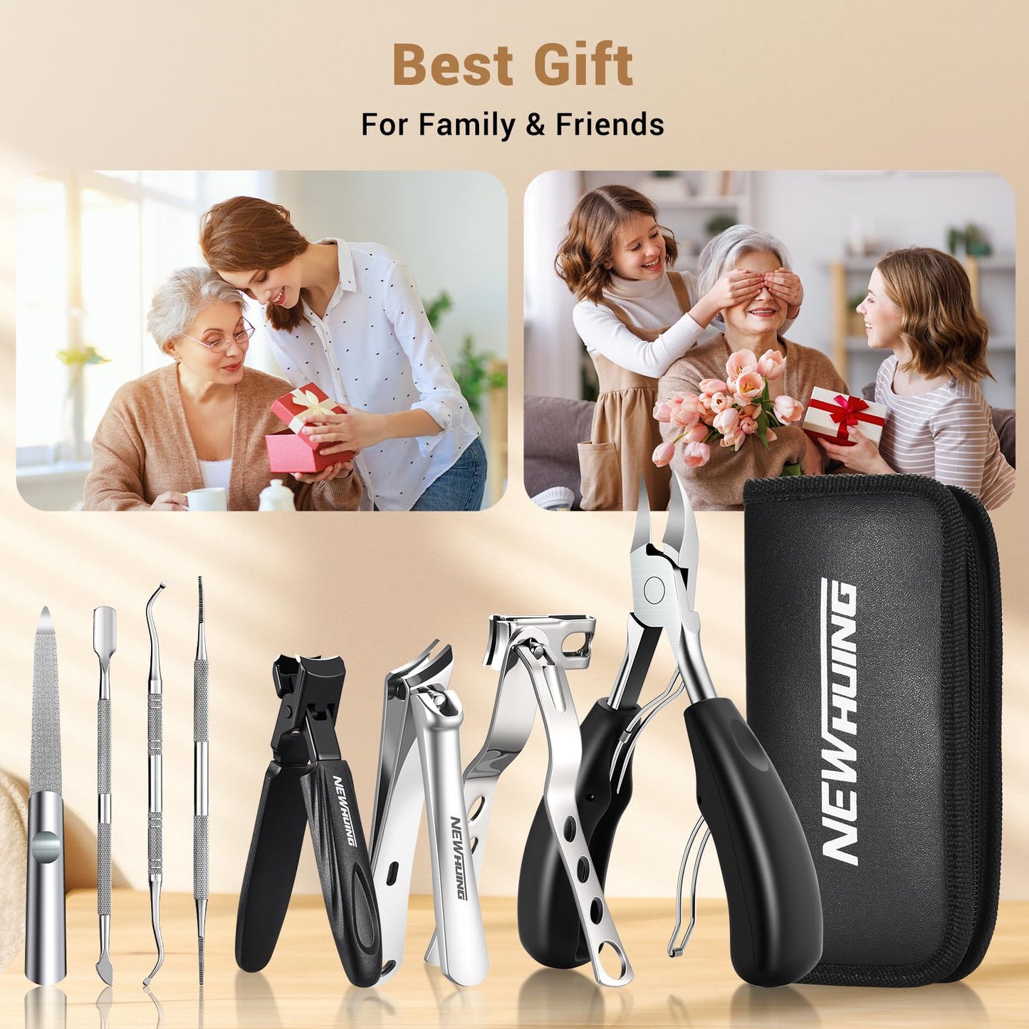 New Huing Toenail Clippers for Seniors, 8-Piece Nail Clippers Set for Thick & Ingrown Toenails, Great Gift for Parents Hunsband Wife, Included Leather Case