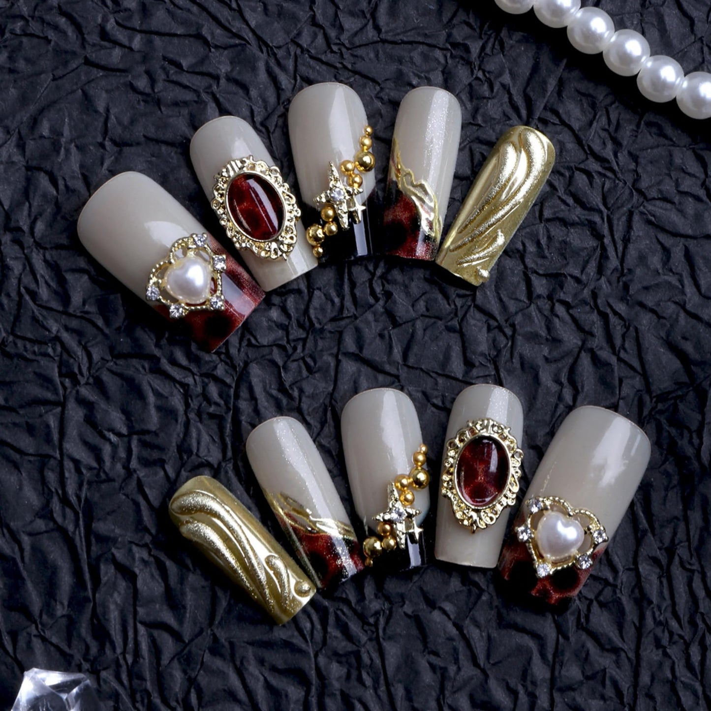 octoswave Press on Nails Medium Square Fake Nails 3D French Artificial Nail Leopard and Sparkly Gold Rhinestones Stick on Nail for Women 24pcs