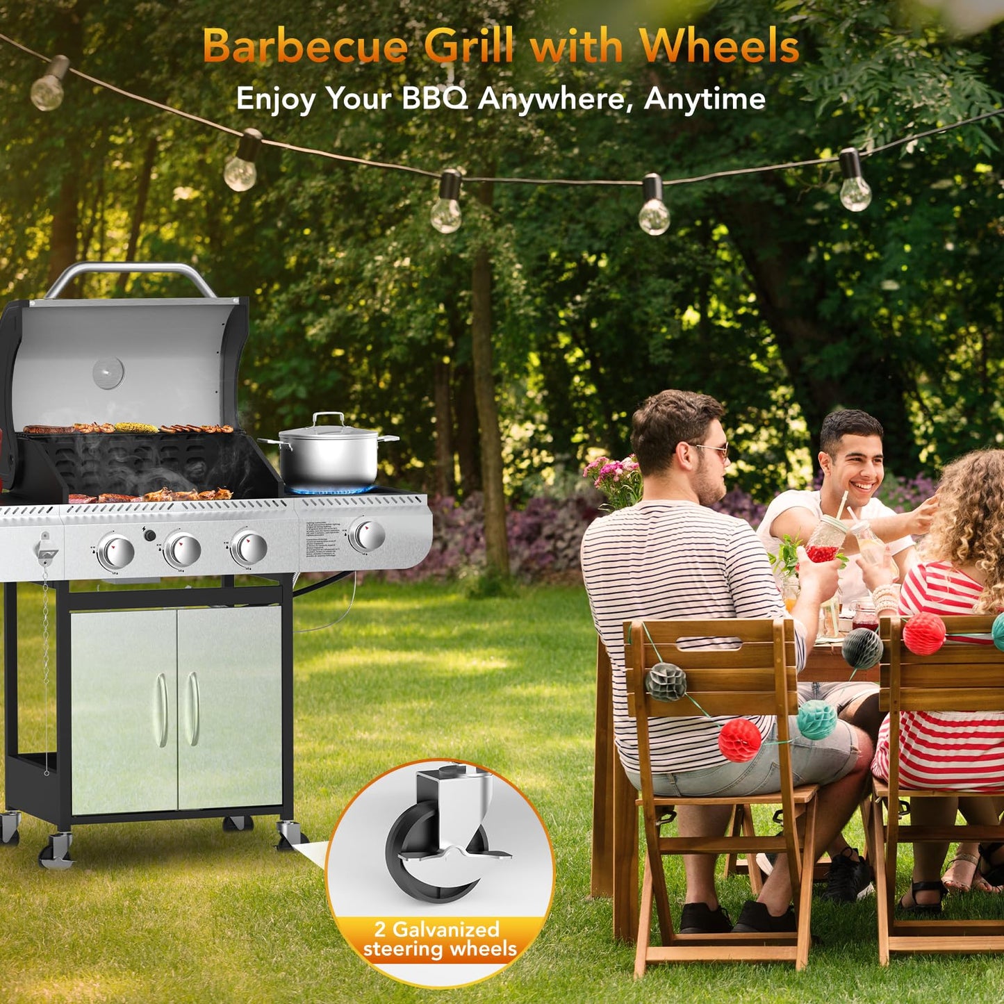 Electactic 3-Burner Propane Gas BBQ Grill with Side Burner,Stainless Steel Grill with Porcelain-Enameled Grates,37000 BTU Barbecue Grill, Suitable for Outdoor Cooking,Camping,Patio Backyard