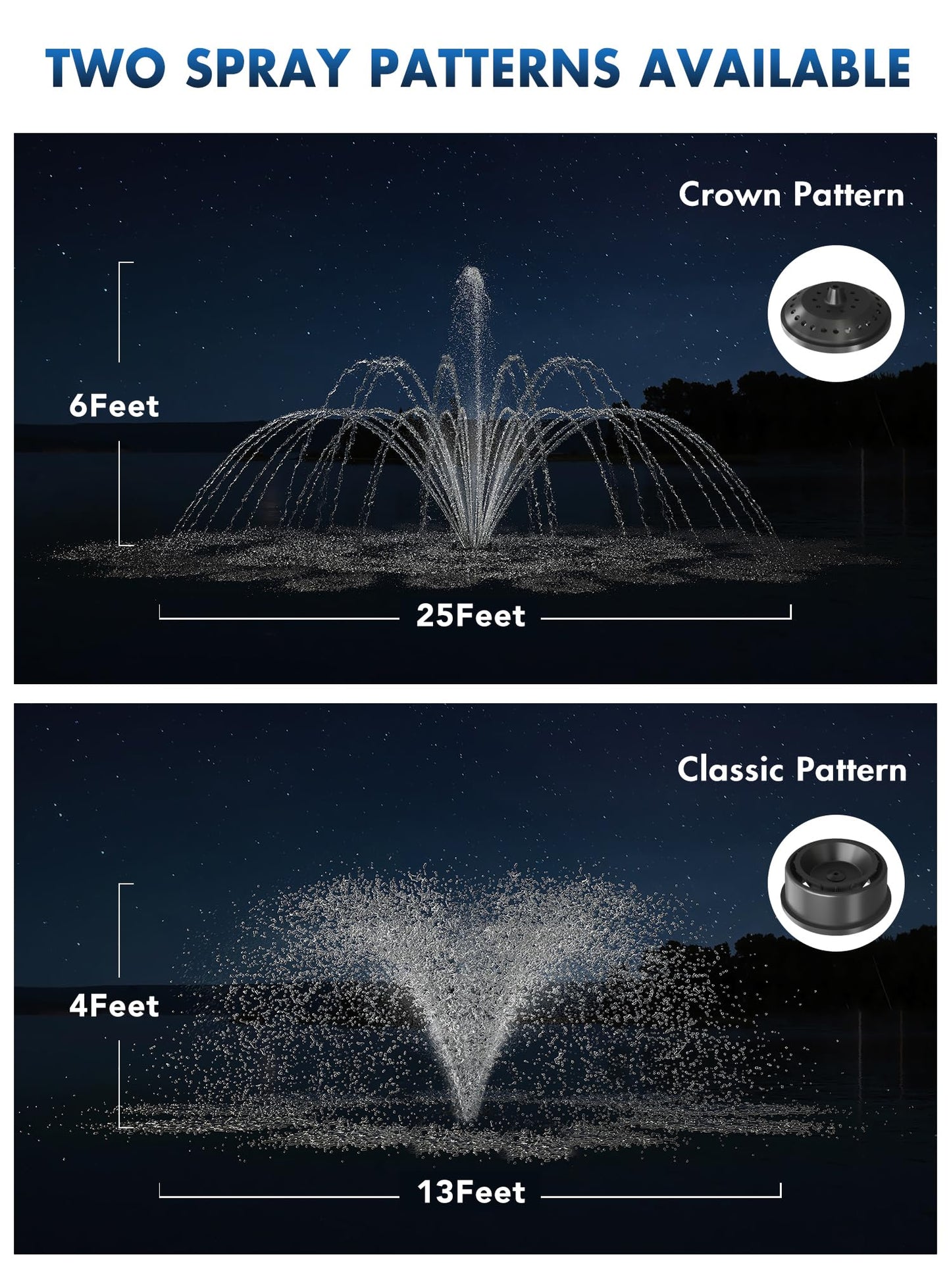 HQUA FS02 120V, 1/4HP, Large Pond Floating Fountain with FSL01 LED RGB Color-Changing Light Sets, 100’ Cord, 9000 GPH, Two Spray Patterns 25'×6' and 13'×4'