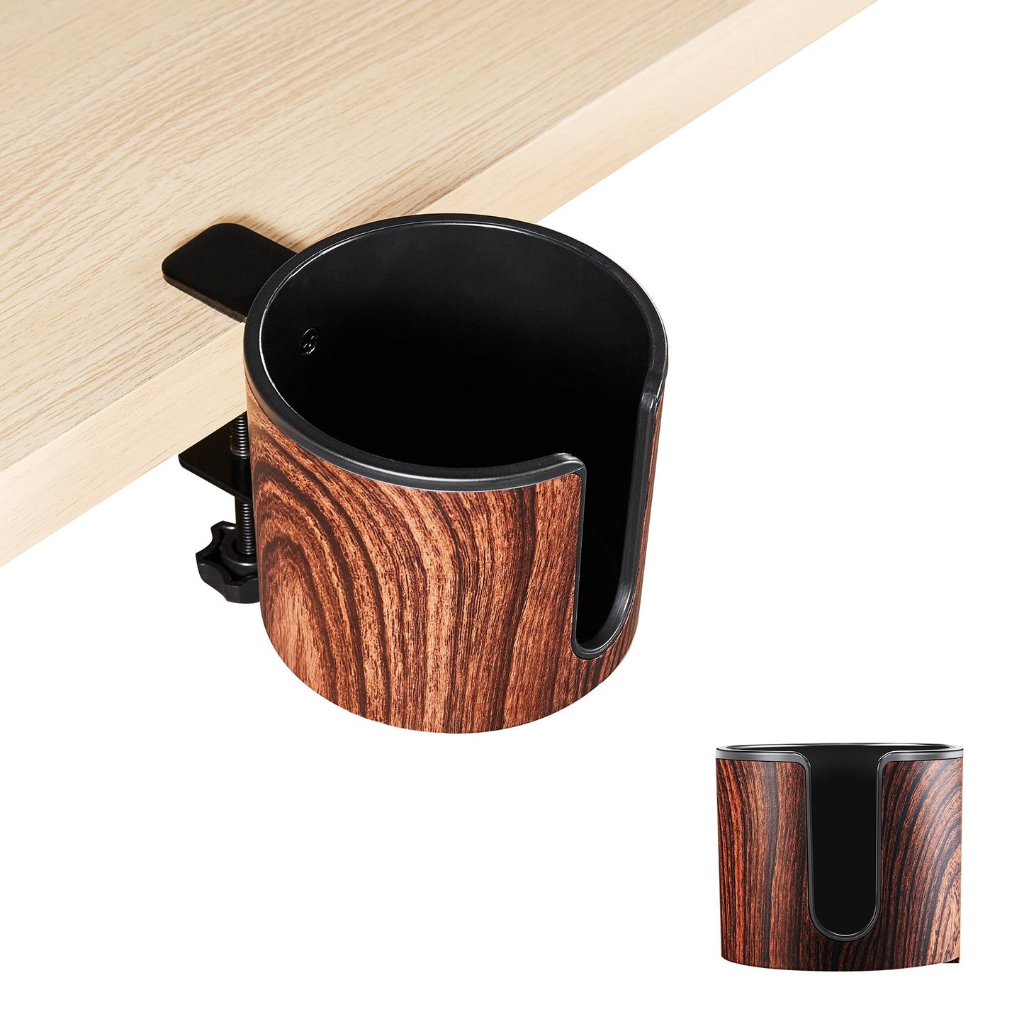 cowinational Luxury 2pcs Desk Cup Holder, Tool-Free Clamp On Desk Cup Holder, Fits 40oz Tumbler Holder & 0.2-2in Thick Desks, Anti-Spill for Office, Home, Gaming (2PCS Walnut Design)