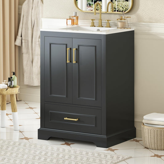 Merax 24" Bathroom Vanity with Sink & 1 Divider Drawer & 2 Soft-Close Doors (Double Shelf on Door), MDF and Solid Wood Frame, Freestanding Vanity Cabinet (Black)