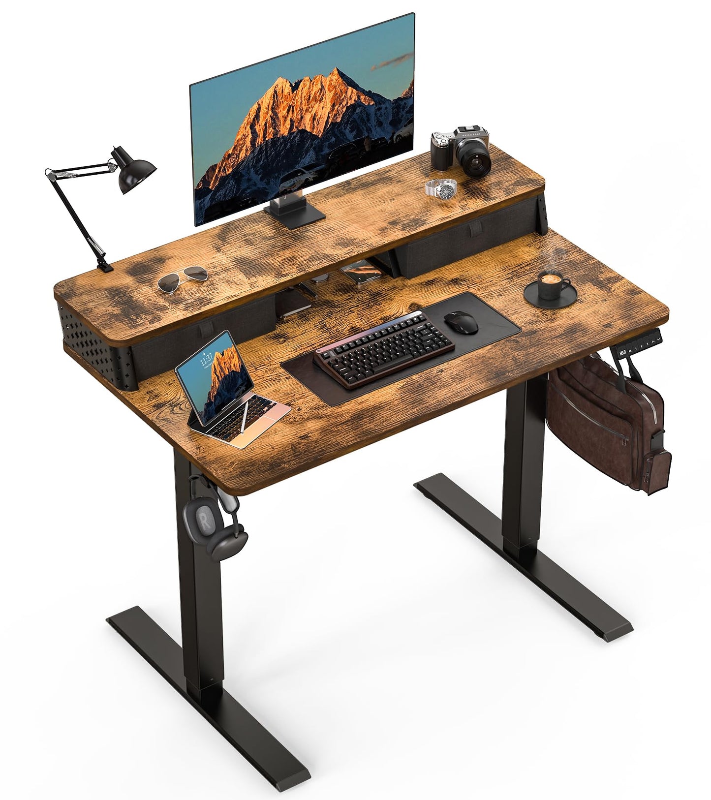 YOLEZO Small Standing Desk with Two Drawers, 40" x 24" Electric Sit Stand Desk for Walking Pad, Ergonomic Stand Up Desk for Home Office & Gaming, 3 Memory Height Preset & Hooks(Rustic Brown)