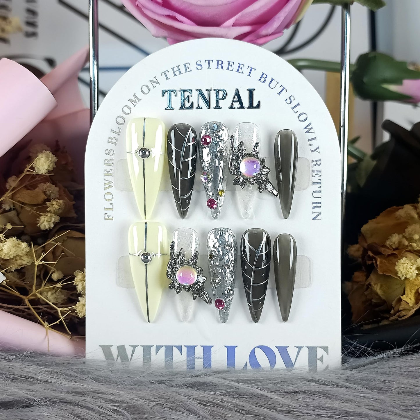 TENPAL Gothic Black-Grey 3D Metallic Press on Nails Long Stiletto,Gems Chains Hand-Painted Fake Nails with Soft Gel,Halloween Party Vampire Nails,Edgy Rhinestone Y2K Nail Kit with Tools 10pcs(L)