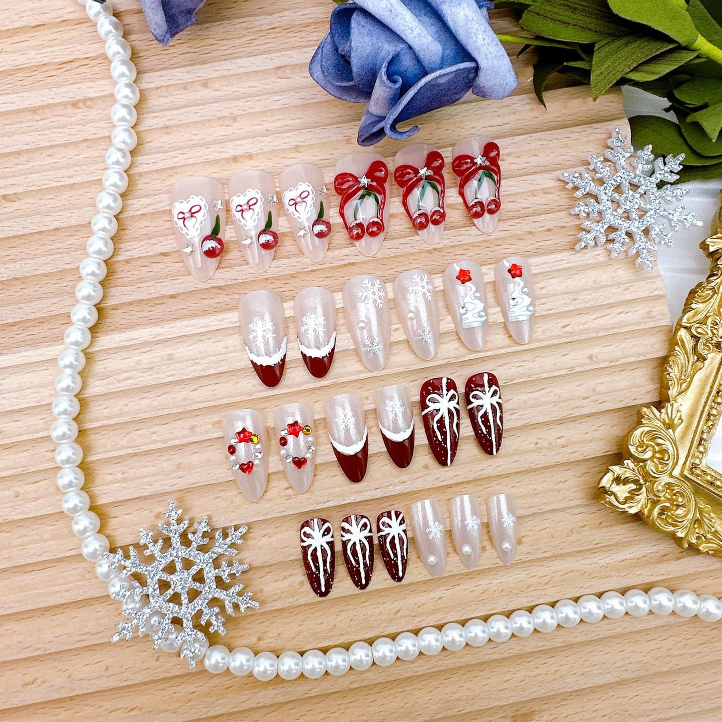 24Pcs Christmas Press on Nails Medium Almond Red French Tip Fake Nails with Star Heart Rhinestones 3D Cherry Bow False Nail Winter Snowflake Acrylic Nail New Year Full Cover Glue on Nails for Women
