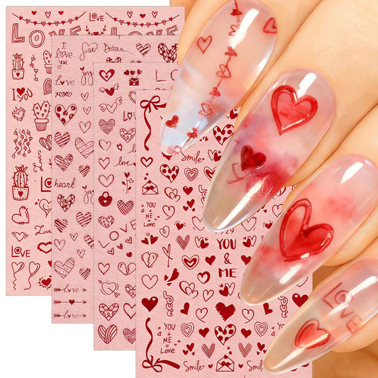 4 Sheets Valentines Nail Art Stickers Romantic Love Heart Nail Decals Glitter Laser Red Design Nail Stickers 3D Self-Adhesive Valentine's Holiday Nail Art Supplies for Women DIY Manicure Decoration