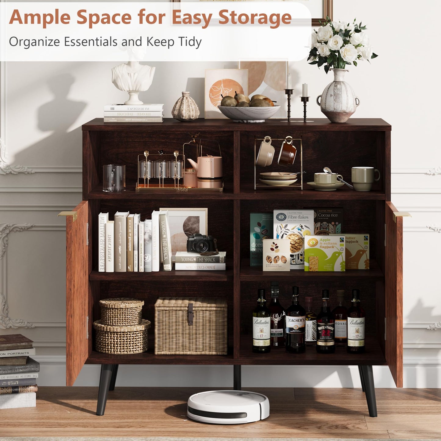 GarveeHome Buffet Cabinet with Drawers and Storage, 31.5 in Large Sideboard Buffet Credenza Storage Cabinet with Shelves and Doors, Walnut Buffet Cabinet for Dining Room, Entryway, Living Room
