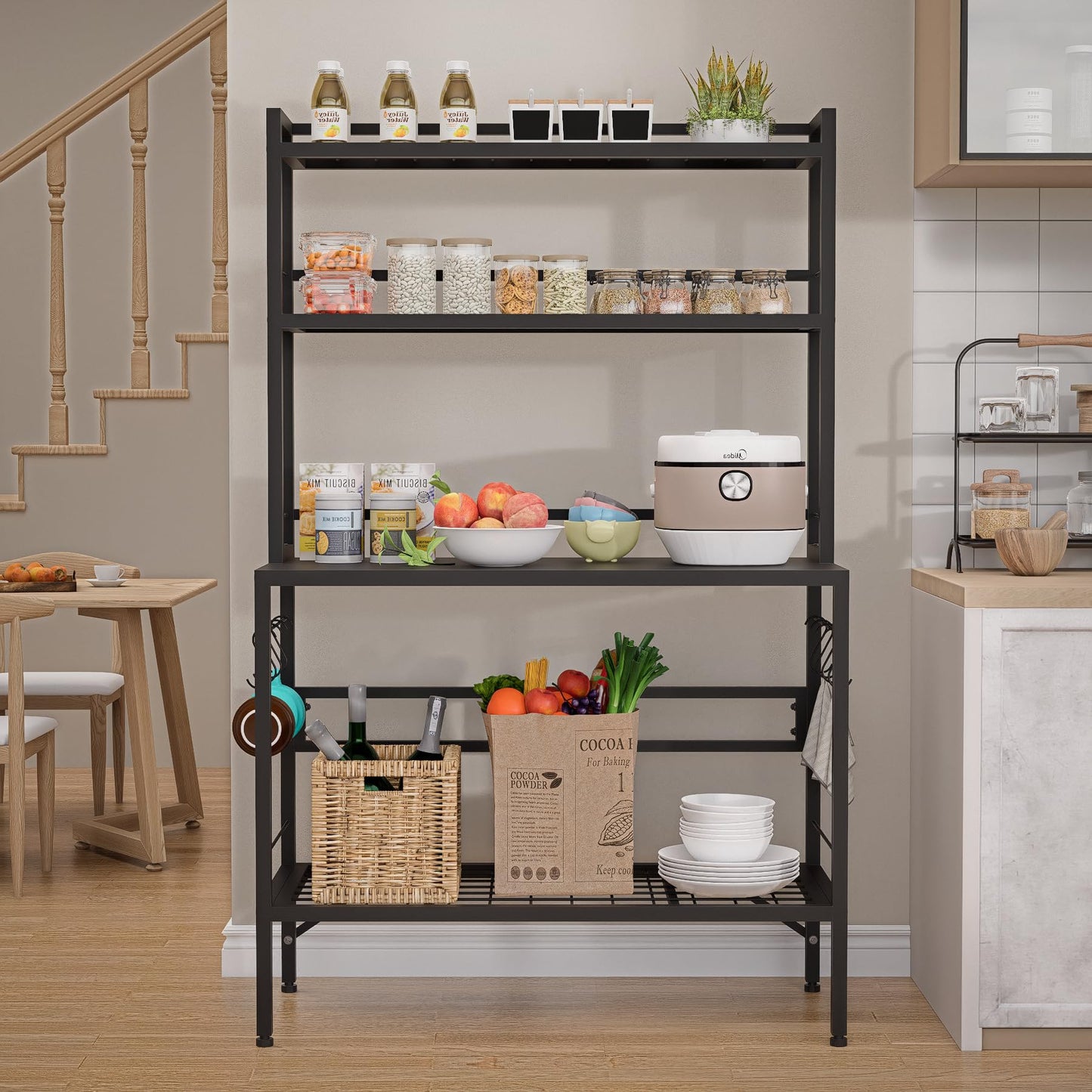 MUVJUG Kitchen Bakers Rack with Open Bottom, 63''H Metal Microwave Stand with 8 Hooks, 4-Tier Heavy Duty Coffee Bar Table with Mesh Shelf, Multi-Purpose Display Rack&Potting Bench Table for Patio