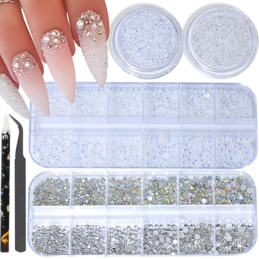 DZHILHMX Nail Rhinestones Pearls - Nail Charms for Acrylics, Flatback, Half Rounds, 4 Boxes, Crystals Gems, with Kit, for DIY Nail Art Decor