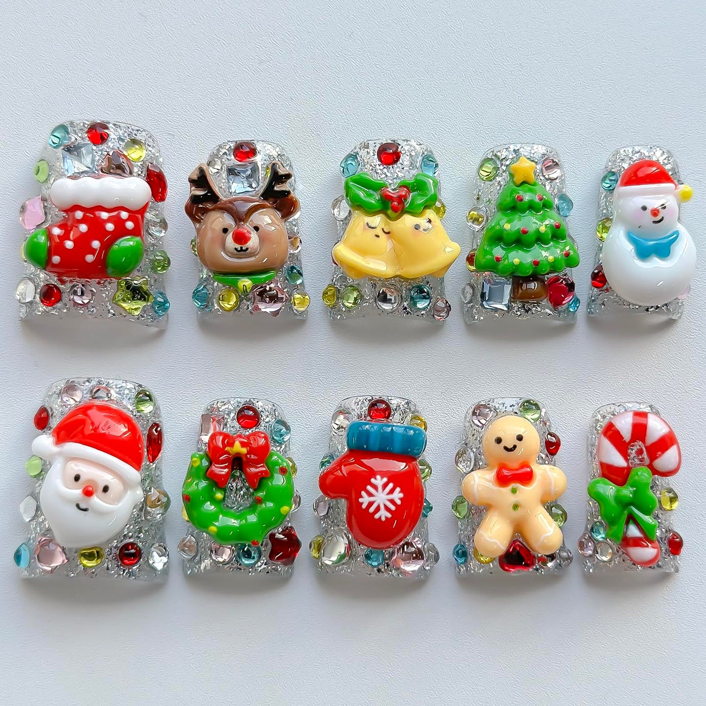 Christmas Press on Nails Luxury Short Duck Handmade 3D Unique Reusable ABS Material Fake Nails Cute False Nails with Santa Reindeer Tree Snowflake Designs Glossy Glue on Nail Thick Acrylic Nail(S)