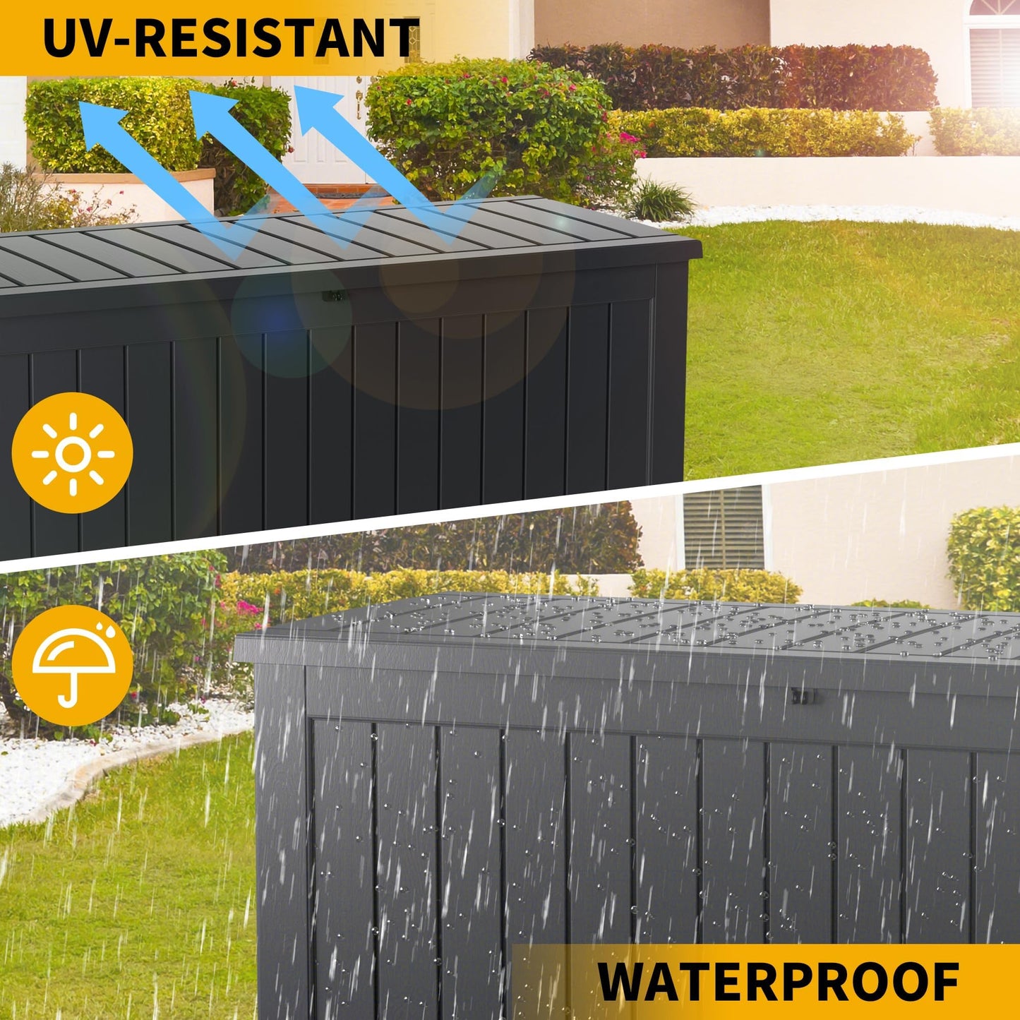 PATIOEASY Outdoor Storage Box 180GAL Waterproof Resin Deck Box,UV-Resistant Lockable Package Delivery Bin for Garden Tools,Large Patio Outside Cushions,Pool Accessories Supplies,Chest,Furniture,Black