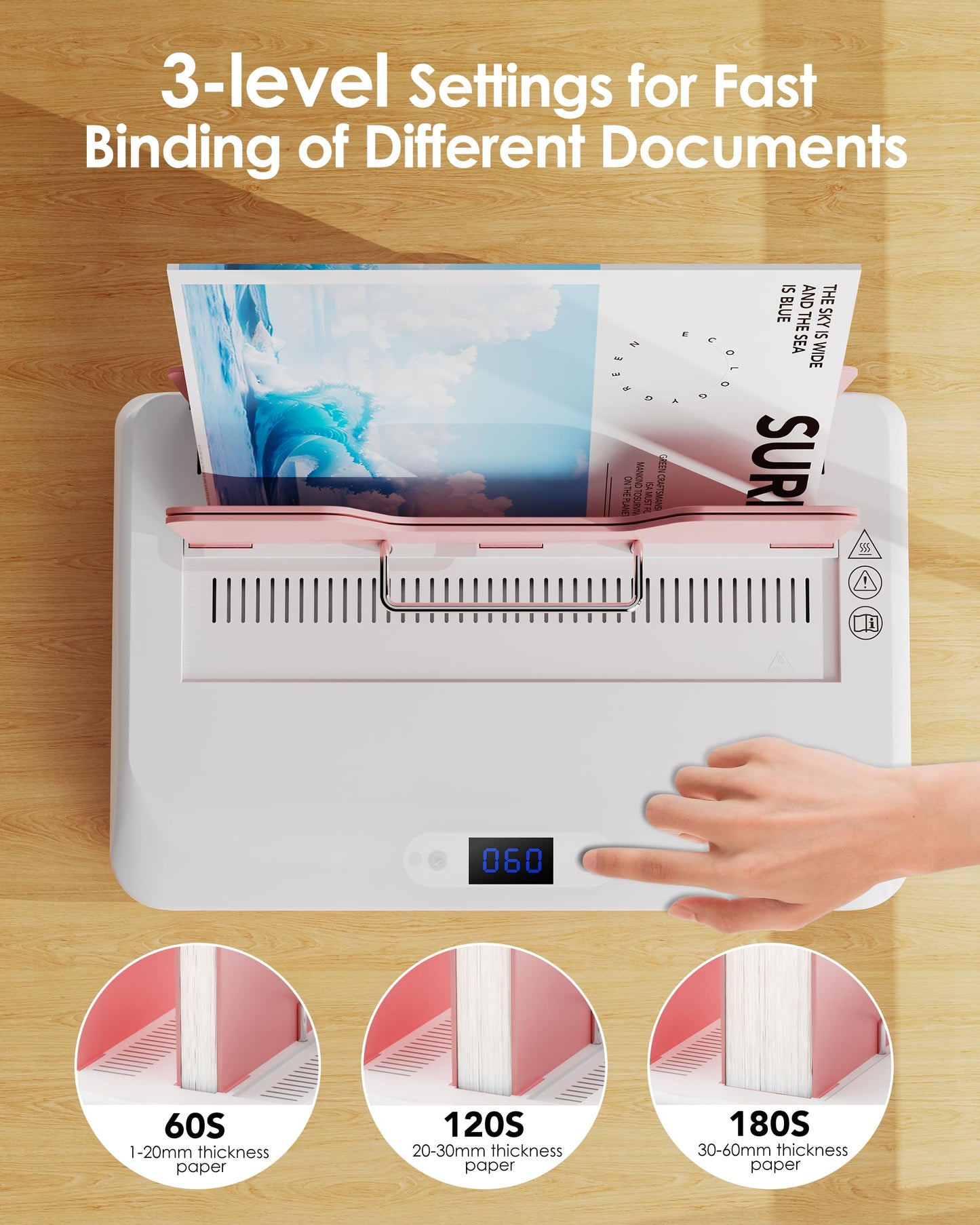MAKEASY Pink Thermal Binding Machine 500 Sheets Capacity, Digital Touch Panel, Air Cooling, Electric Thermal Binder for A4//A5/Letter Size Documents, Come with 10 PCS Binding Covers