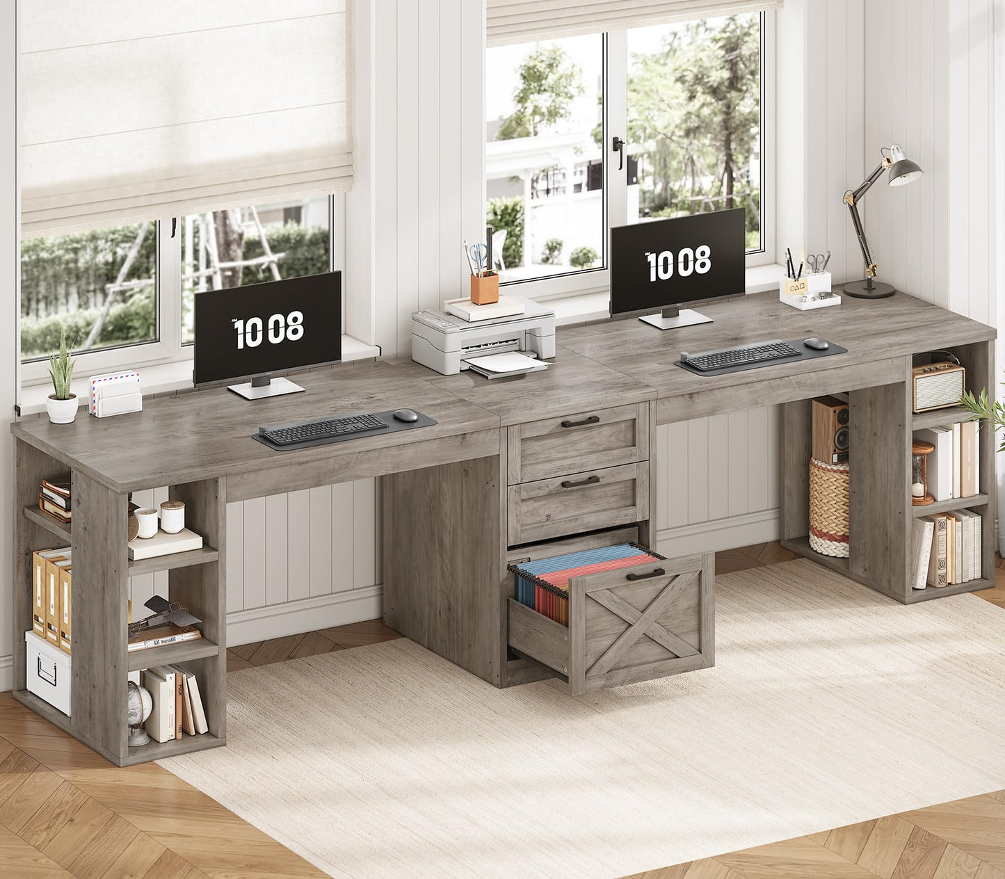 SEDETA Farmhouse 96.5" Computer Desk with Drawers, 2 Person Home Office Desk, Gaming Double Desk with Storage Shelves, Long Two Person Writing Desk (Grey)
