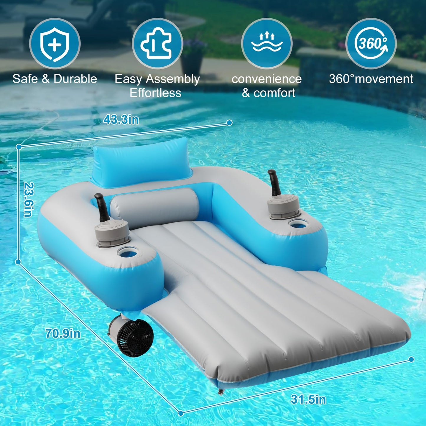 Motorized Pool Float for Adults - Rechargeable Dual Motors Heavy Duty Pool Lounger with 2 Storage Pockets, 250 lb Capacity, Electric Floating Raft for Lake/Pool