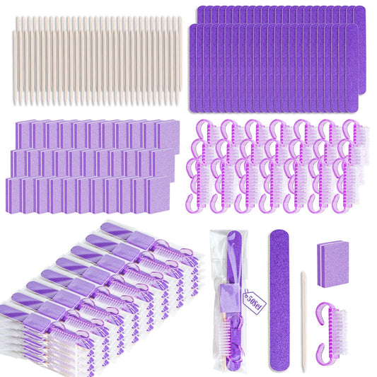 50 Sets Disposable Manicure Kit Basics 4 Piece Nail Kit for Travel,Handle Grip Brush,Mini Nail Buffer Nail File and Wood Stick for Gifts Salon Home Professional(50 Set -Purple)