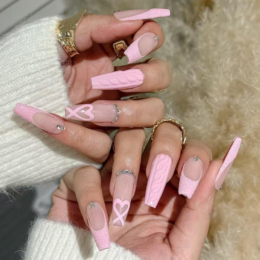 Press On Nails Pink Sweet Knit Series - Reusable False Nails with Knit Texture, Heart Design & Glitter Accents, Cute Elegant Acrylic Fake Nails for Women Daily Wear Dates Gifting (XS)