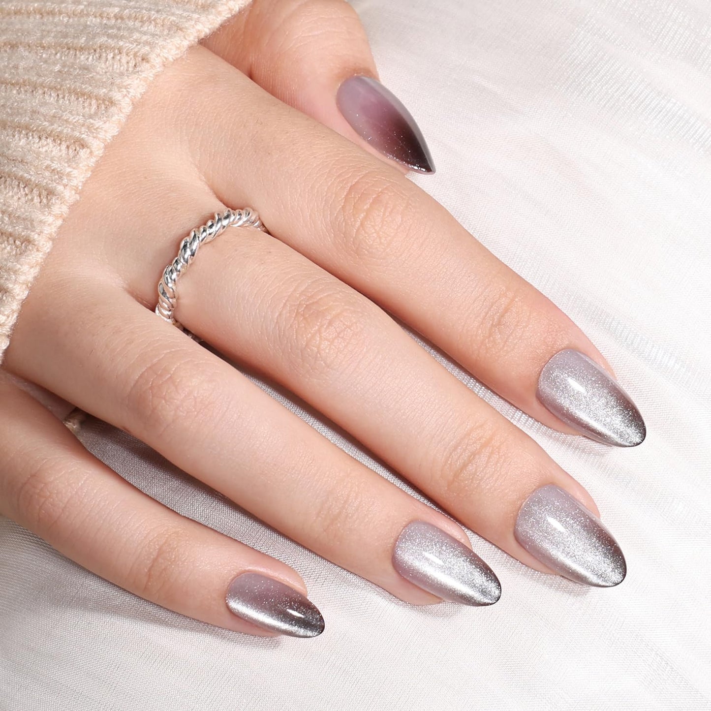 Black Cat Eye Press On Nails Almond - Ombre Black Short Almond Fake Nails, White Cateye Press On Nails Reusable Stick On Nails in 16 Sizes, 32pcs False Nail Kit for Women & Girls (Still Light)