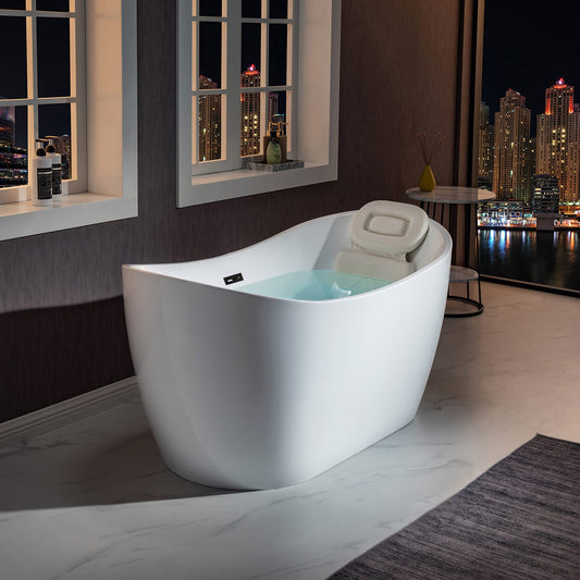 WOODBRIDGE 59" Acrylic Freestanding Bathtub Contemporary Soaking White Tub with Matte Black Overflow and Drain，BTA1516 -MB-Drain &O+ Pillow