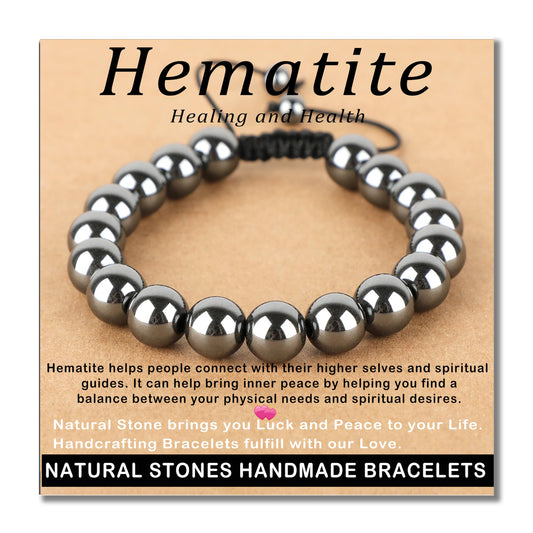AD Beads 8mm Hematite - Healing and Health - Handmade Natural Stone Crystal Bracelet with Adjustable Macrame String - Yoga Healing Power Energy Gifts for Men and Women