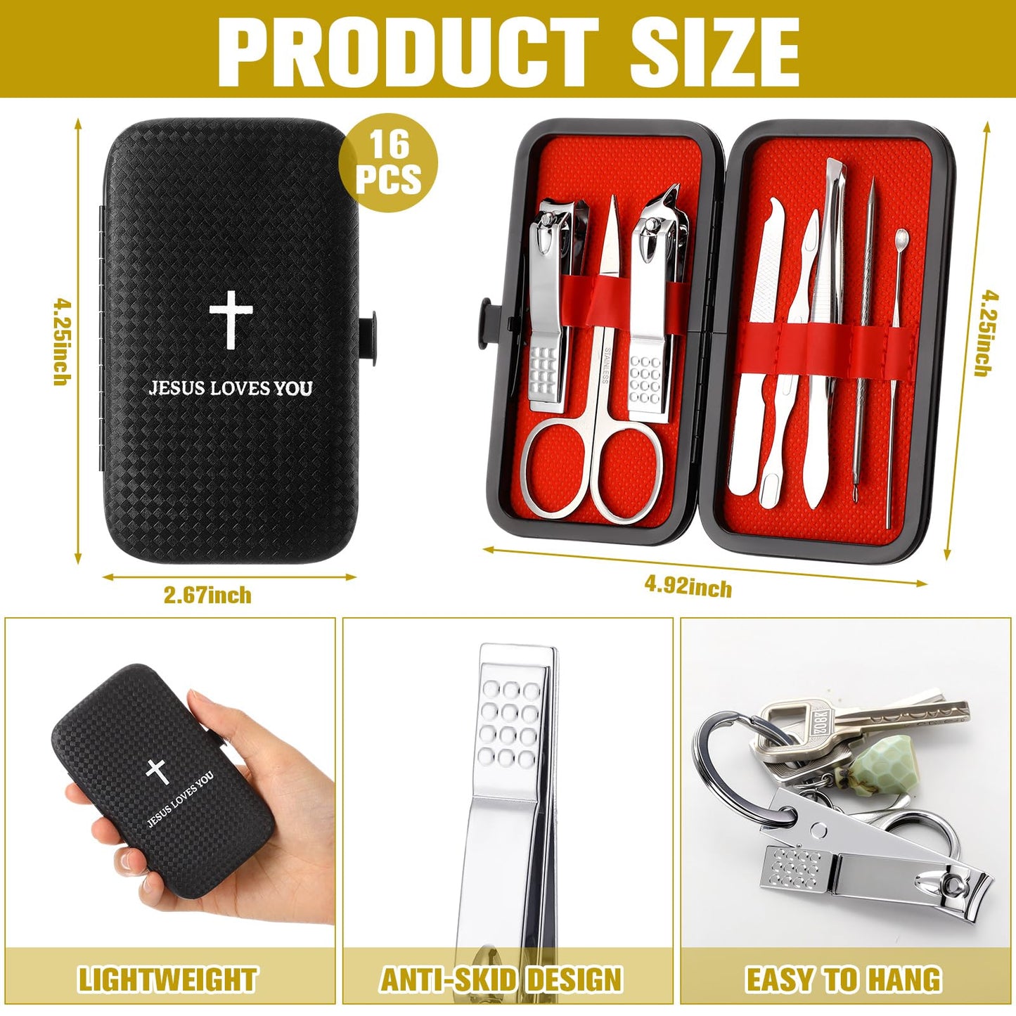 Yinkin 16 Pack Father's Day Christian Bulk Gifts Nail Clipper Set Jesus Loves You Manicure Set 8 in 1 Nail Pedicure Kit for Men Dad Husband Grooming Gifts Kits with Leather Case