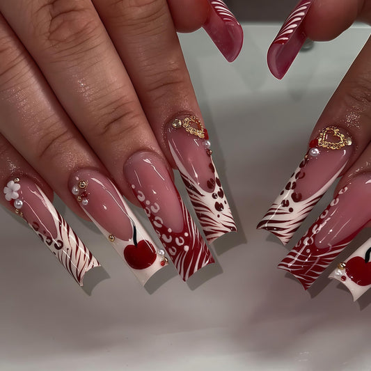 Long Press on Nails Square Fake Nails Red Acrylic Nail Press Ons Seeneey Cherry and Gold Charm Designs Leopard Stick on Nail for Women 24pcs