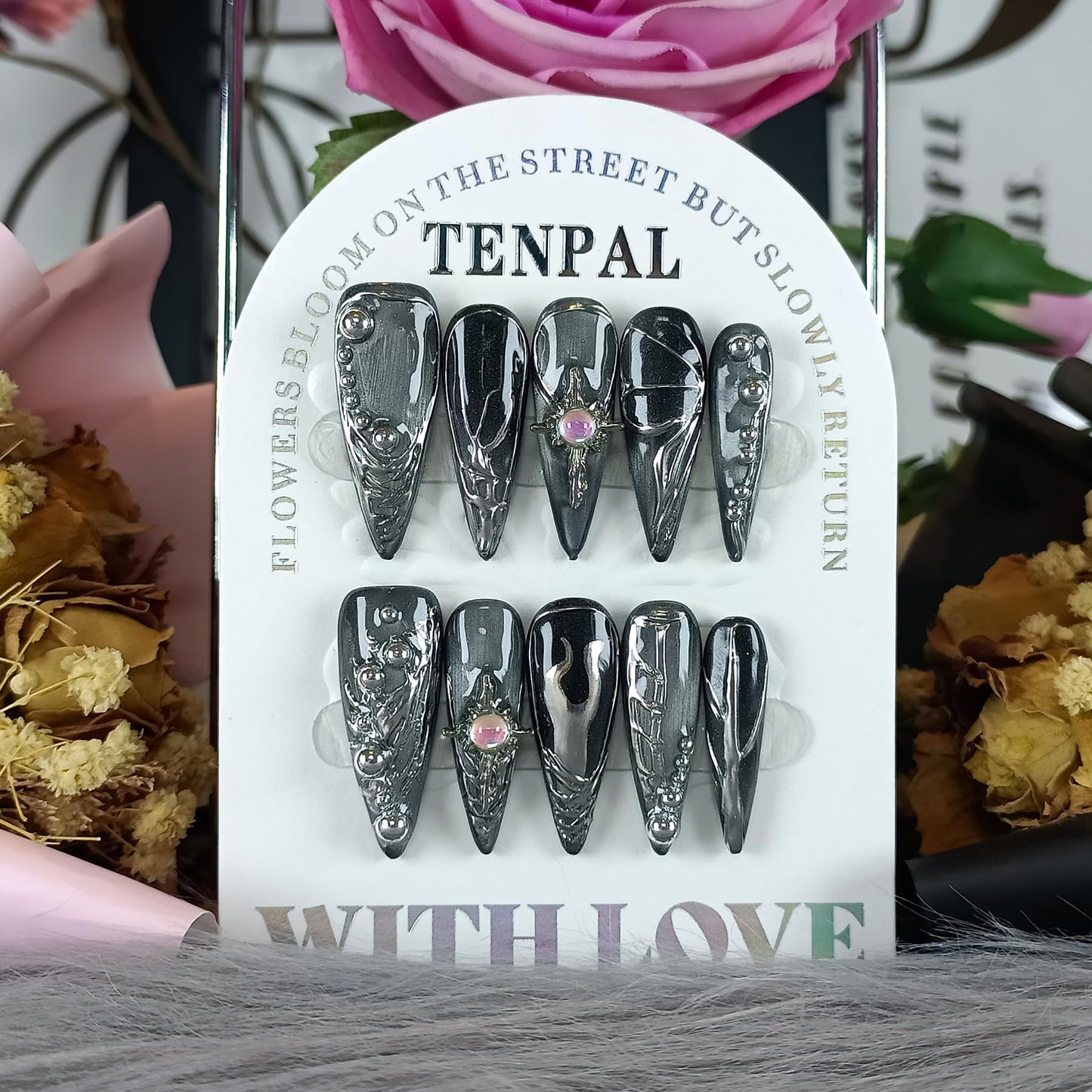 TENPAL Cat Eye Black & Mirror Powder Gradient Obsidian Press on Nails Long Stiletto,Hand-Painted Butterfly & Meteor Designs Fake Nails with Tools,3D Crystal Gothic Punk Nail Kit with Tools 10pcs(S)