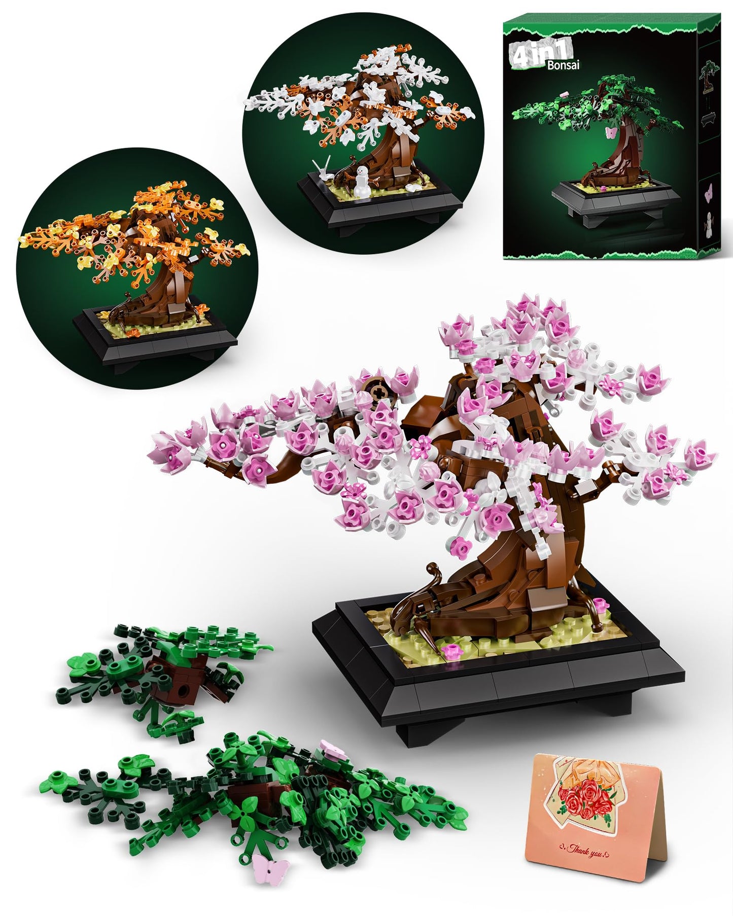 Muiurple 4 in 1 Bonsai Tree Building Set, Four Season Cherry Bonsai Tree Building Kit, Artificial Plant Decor for Home, Desk Greenery, Gift for Adults Girls, Boys and Mother's Day.
