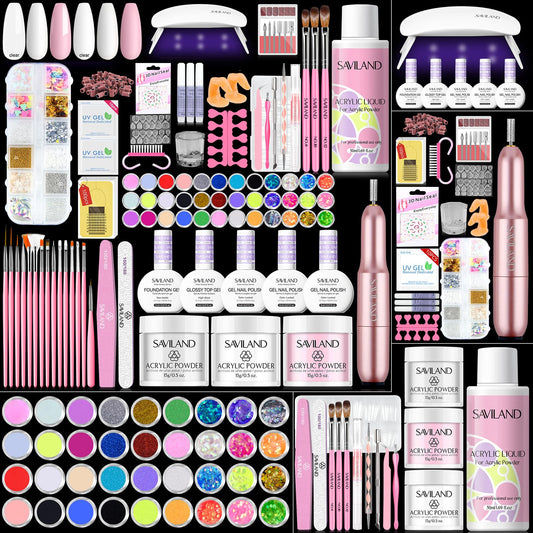 SAVILAND Acrylic Nail Kit: 2026 Hema-free Bio-based All-in-1 Nail Kit with Clear White Pink Acrylic Powder EMA Monomer Nail Drill Full Tools For Beginners Extension Carving Home DIY