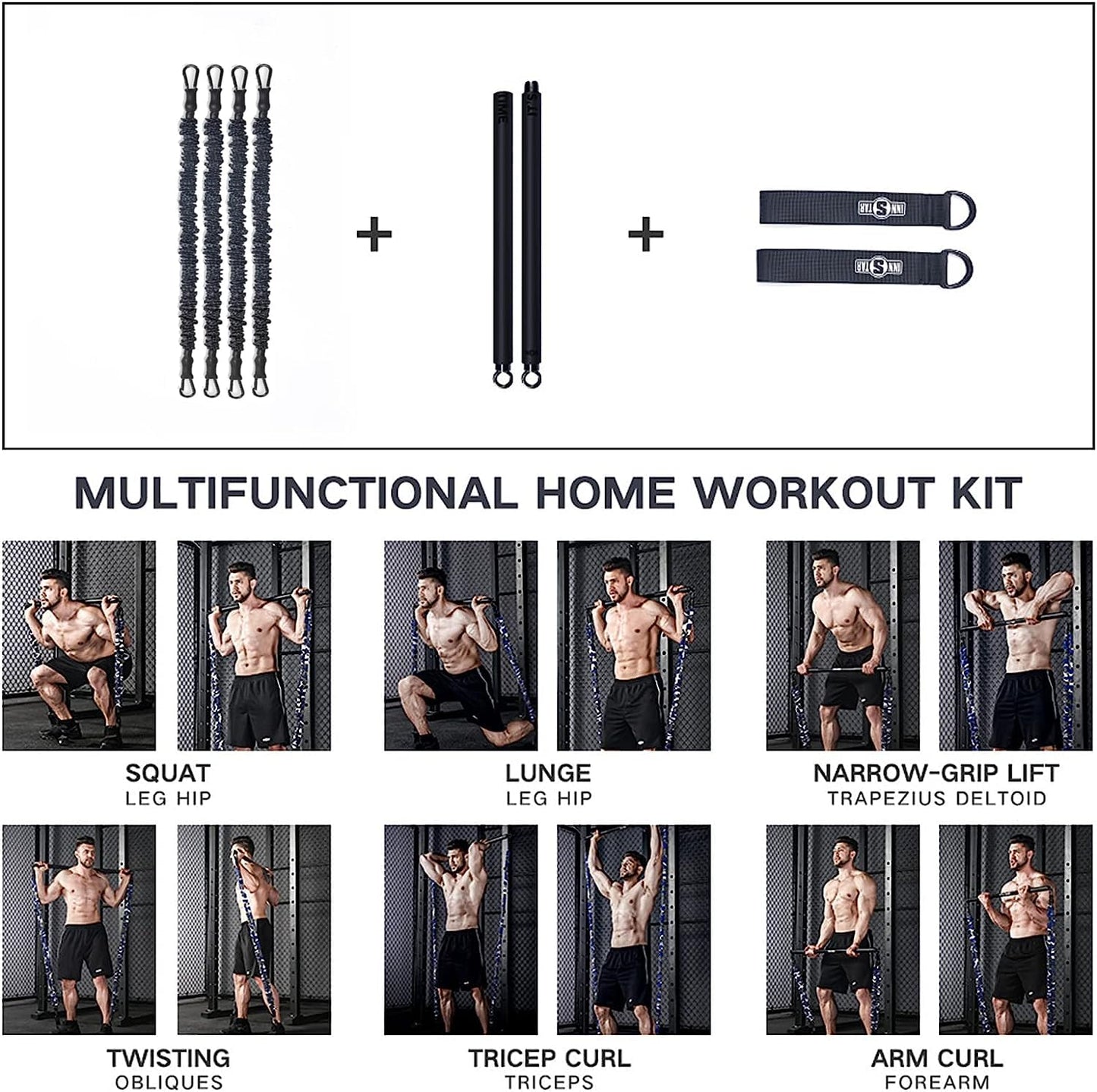 INNSTAR Resistance Bands Bar Exercise Bands Attachment 38" Black Max Load 800lb for Home Gym Workout Full Body Workout Power Lifting Fitness Bar (Black)
