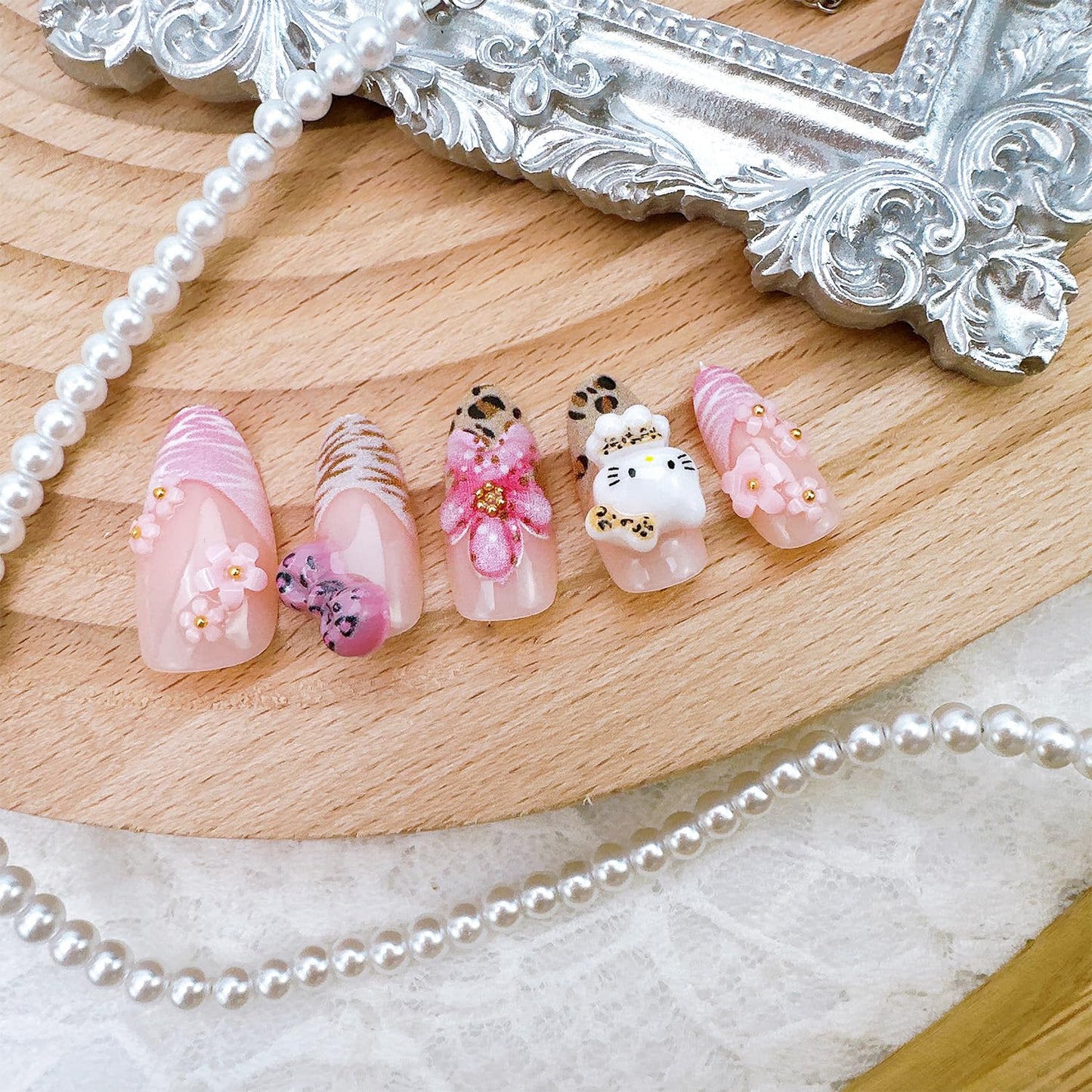 30Pcs Pink Press On Nails Medium Almond Leopard Print French Tip Fake Nails with Flowers Bow Rhinestones 3D Summer Flower Acrylic Nails Cute False Nail Set Cartoon Full Cover Stick on Nails for Women