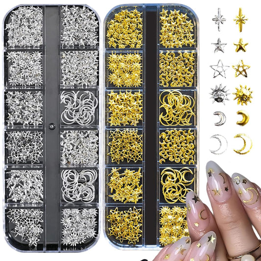 Gold Star Nail Charms Silver Moon Nail Art Charms, Alloy Sun Nail Rhinestones, Alloy Gold Nail Art Rhinestones for Women 2Boxes