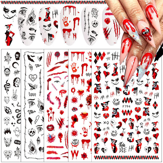 5 Sheets Halloween Scream Nail Decals Horror Nail Decals Self Adhesive Nail Scream Stickers Nail Art Supplies Red Ghost Eyes Scary Blood Design Vampire Nails Decorations for Halloween Party